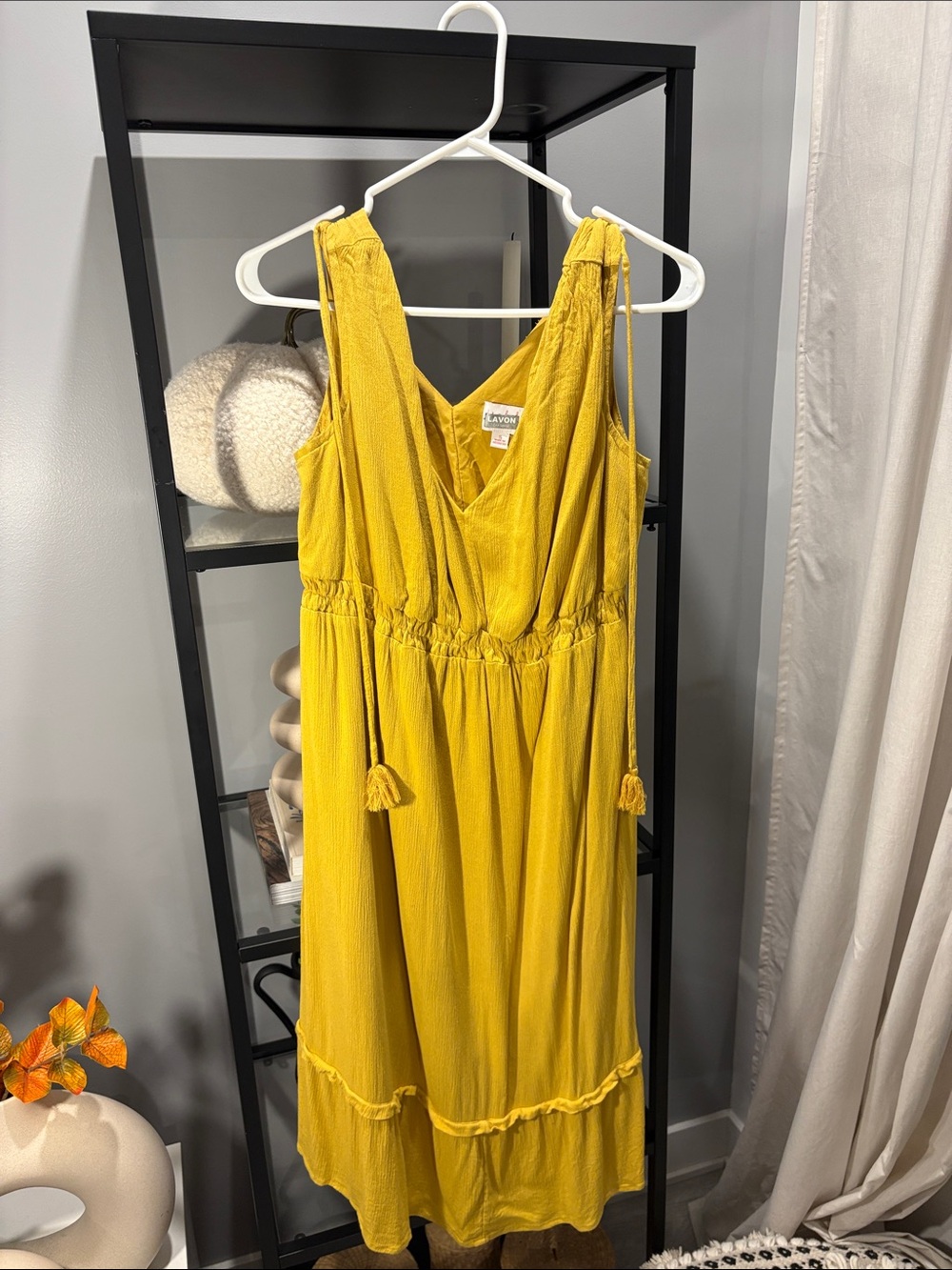 045 Yellow Sleeveless V-Neck Midi Dress with Tassel Tie
